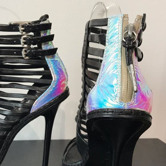 LAMB AB Rainbow Reflective Black Leather Cage Strappy High Heeled Sandals 7.5 - Picture 3 of 16